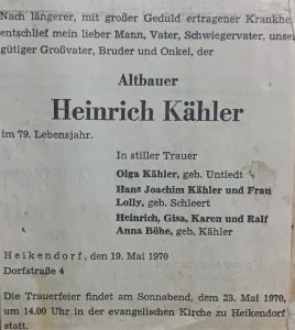 Todesanzeige Heinrich Kähler 1970